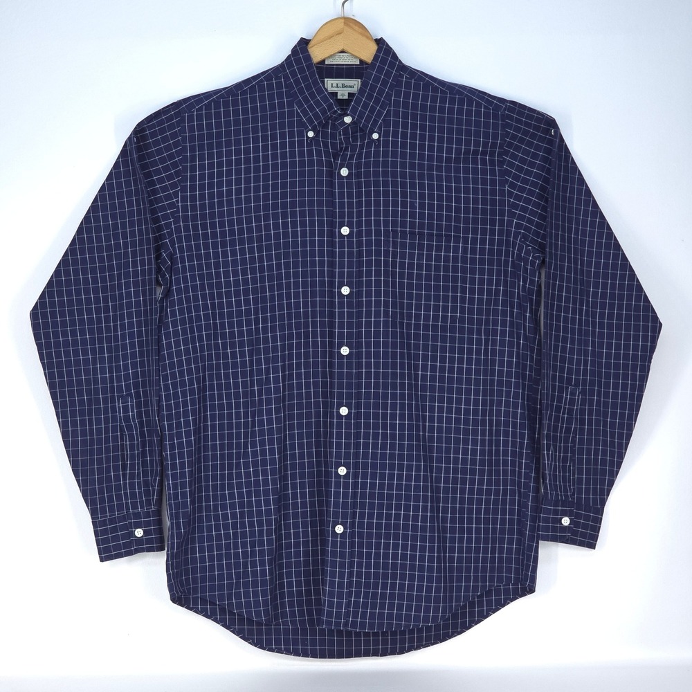 LL Bean Button Down Shirt Mens Large Navy Blue Check Long Sleeve Office Business - Picture 2 of 15